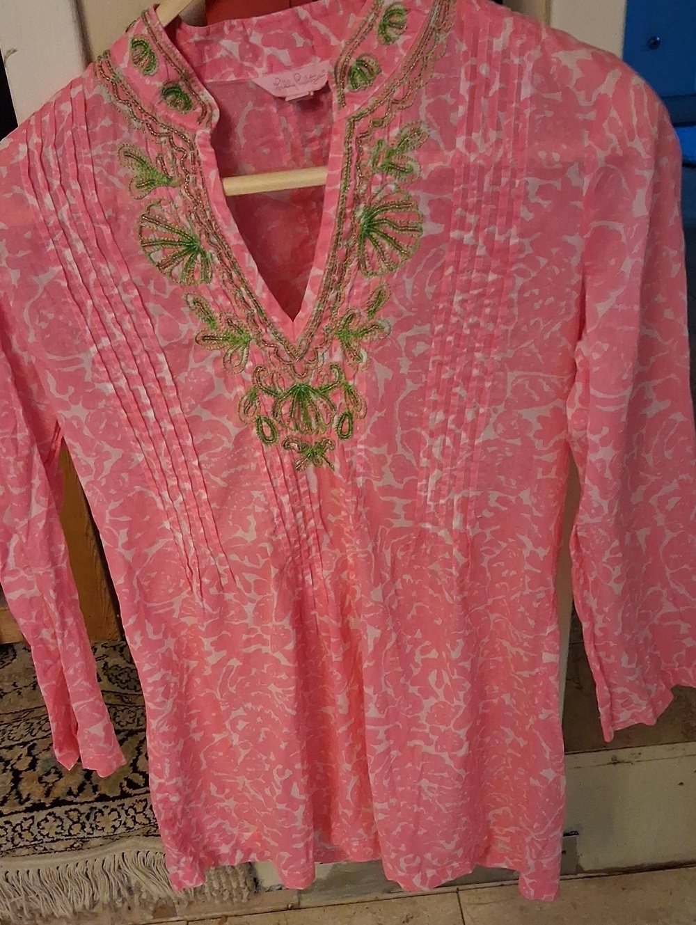 Lilly Pulitzer Pink Tunic with Green Embroidered V-Neck Cotton